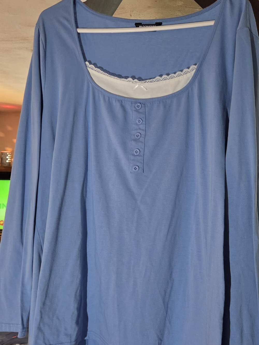 BloomChic Light Blue Long Sleeve Scoop Neck Henley with Lace Trim